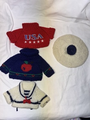 Vintage Teddy Bear Doll Clothes Lot USA Sweaters Beret Boyds Style 4 Pc