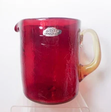 1974 Blenko 745 Red Alligator Crackle 6" Pitcher/Tankard w/Yellow Handle 