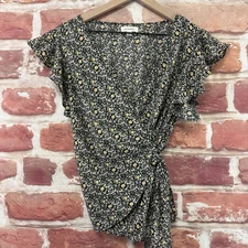 Max Studio Top Womens Small Black Ditsy Floral Cottage Surplice Wrap Shirt