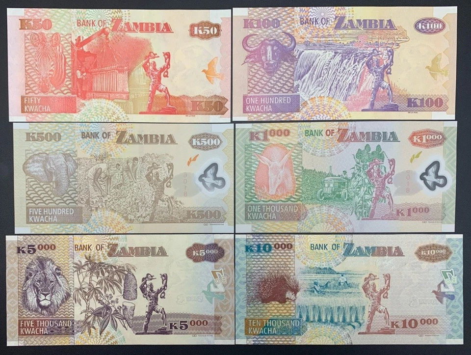 Zambia 50 100 500-10000 Kwacha 2010-2011 P 37i-46g Paper Polymer UNC Set 6 pcs - Image 2 of 4