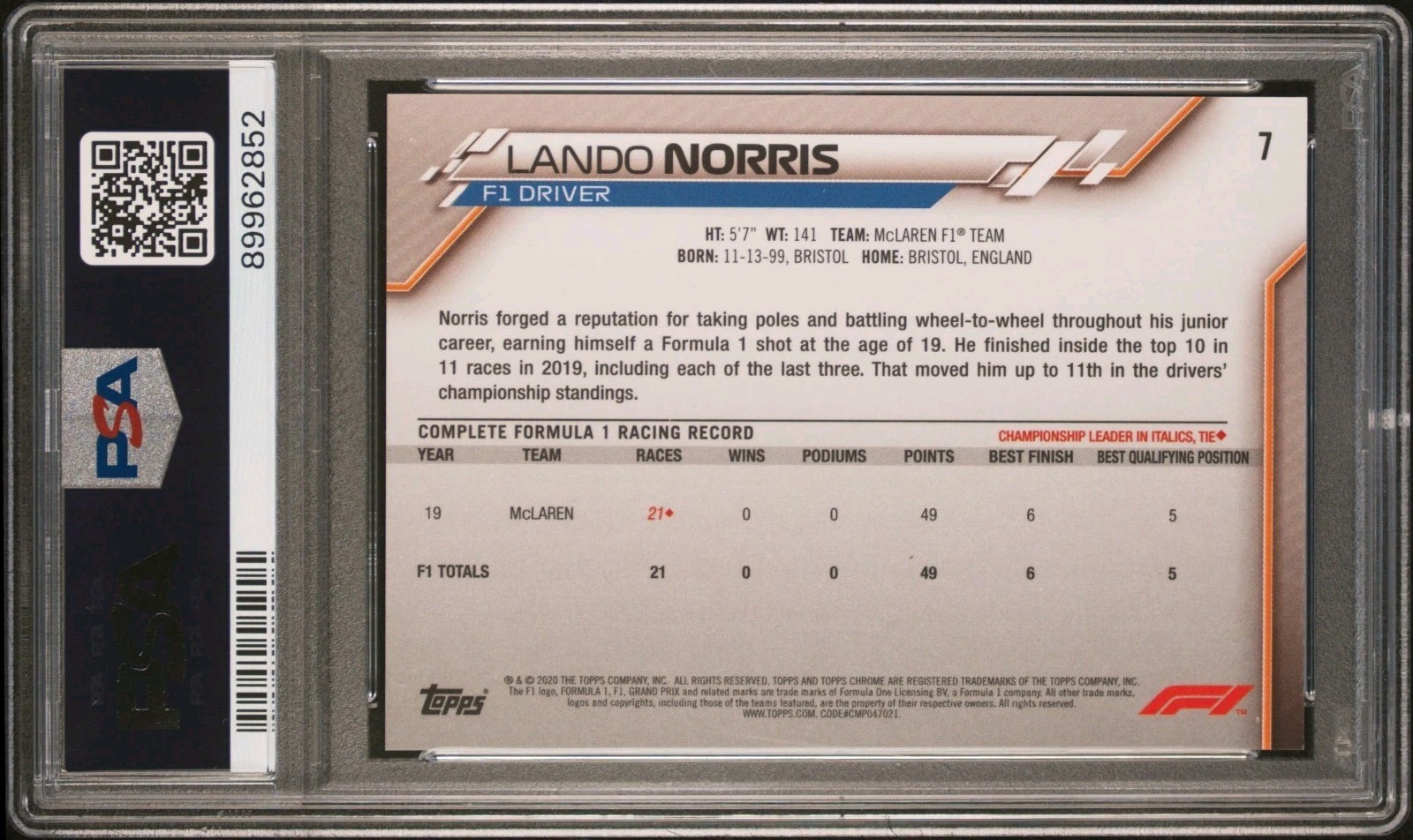 2020 Topps Chrome Sapphire F1 Lando Norris RC #7 PSA 9 view 2