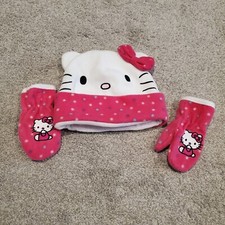 NWOT Hello Kitty by Sanrio Hat Mittens Set Pink White Polka Dot Cap Fleece Soft