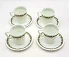 Spring Blossom Milk Glass Set of 4 Vintage Cups & Saucers Green & White