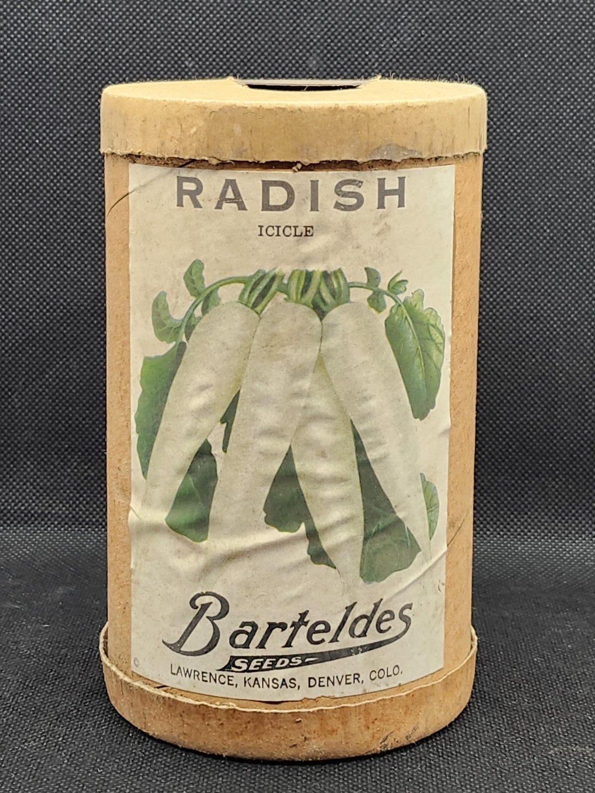 VINTAGE Barteldes Radish Seeds Cardboard Canister Container Advertising KS, CO