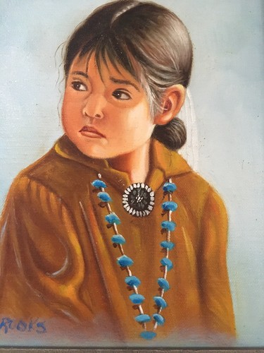 Vintage Native American Painting Young Girl Turquoise Beaded Cabin Art Cowboy - Picture 4 of 12