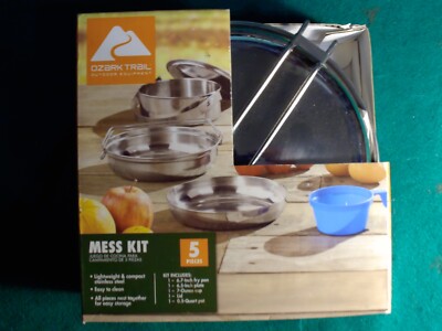 Ozark Trail 5-pc Mess Kit Stainless Steel Camping Cookware Fry Pan Cup Plate Pot