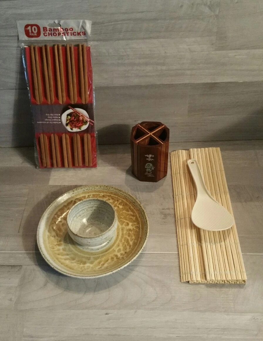 Sushi Pieces Plate Dinnerware Set, bamboo chopsticks & base, makisu mat, spoon,