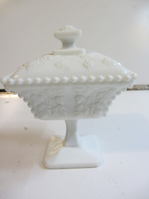 1940's Westmoreland Milk Glass GRAPE Pattern Covered Pedestal Bowl Candy Jar