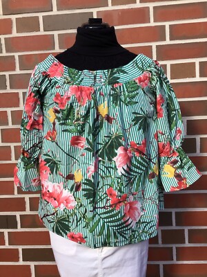 MANGO MNG Bluse Tunika Damen Oberteil Gr. EUR M bunt Blumen Baumwolle Neuwertig 