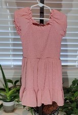 Flutter Clip-Dot Fit Flare Smocked Texture Light Pink Midi Dress Puffed 4 4T