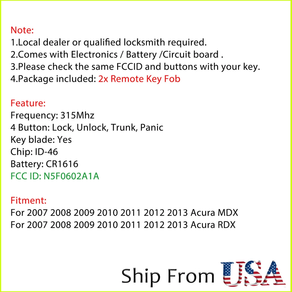 2 para 2007 2008 2009 2010 2011 2012 2013 Acura MDX RDX mando a distancia llavero N5F0602A1A Foto 2 de 4