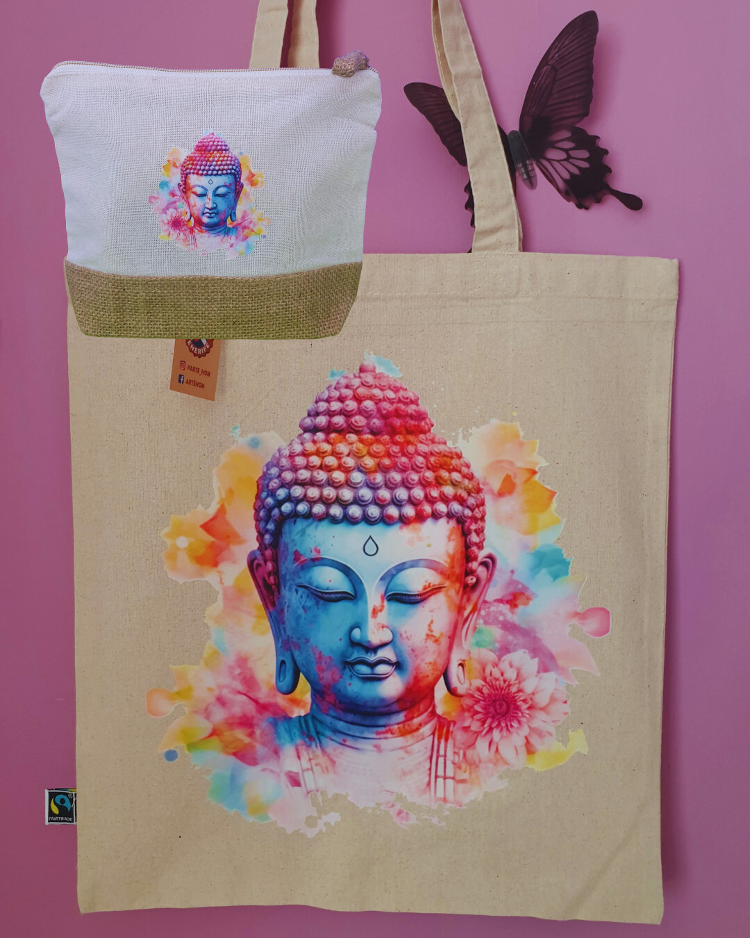 TOTE BAG COMBINADO CON NECESER - BOLSO DE ALGODÓN - BOLSO DE HOMBRO - BUDA