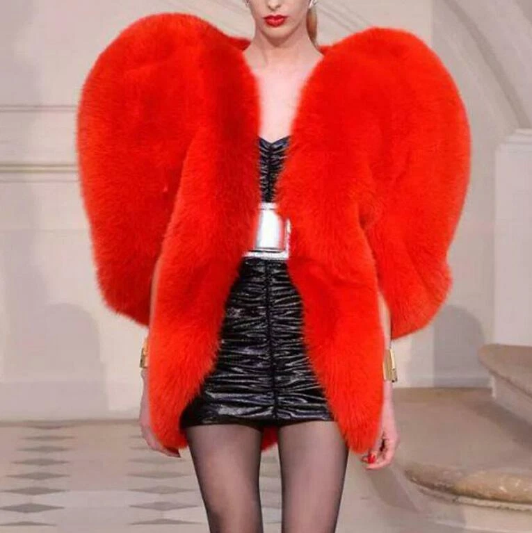 Red 3D Love Heart Shaped Womens Cape Coat Faux Fox Fur Shaggy Jacket Party Cloak - Image 4 of 4