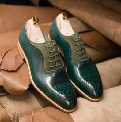 Handmade Men's Green Leather, Suede Oxford Toe Cap Brogue Lace Up