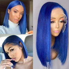 Short Straight Bob Synthetic Wigs Blue Glueless13x3 Lace Front Wigs Pre Plucked