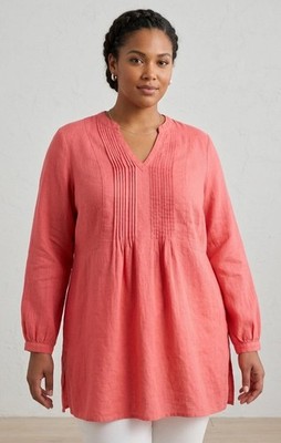 Lily Stanhope Women's 100% Linen Top Popover Size 2X Orange Red Flowy Pintuck 