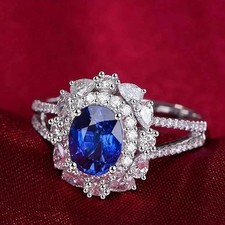Oval Cut Simulated Blue Sapphire Women's Anniversary Ring 14K White Gold Plated