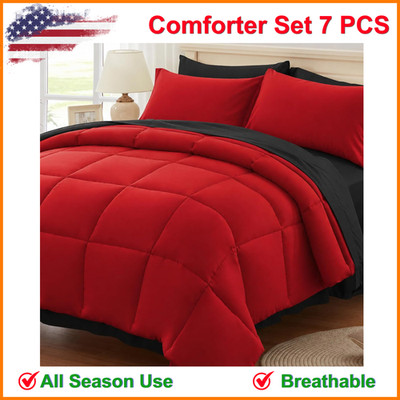 Anluoer King Size Comforter Set 7 Pieces, Reversible Bed In A Bag King Size, Red