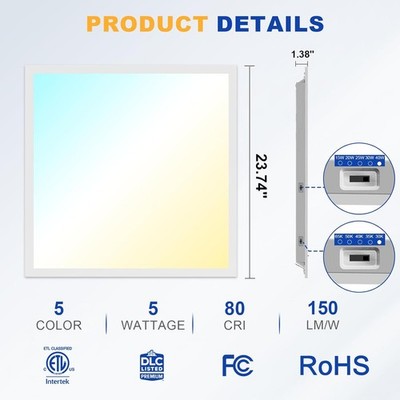 4Pcs ETL Listed 2x2FT, LED Flat Panel Light 5CCT Switchable Drop Ceiling Lights