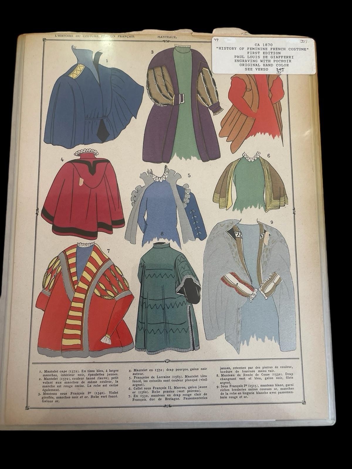 1870 French Fashion lithograph hand colored  History of the Feminine Costume
