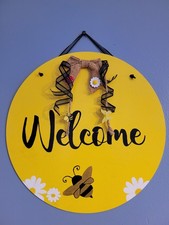 Welcome 12" Round Wood Hanging Sign bee and flower decoration