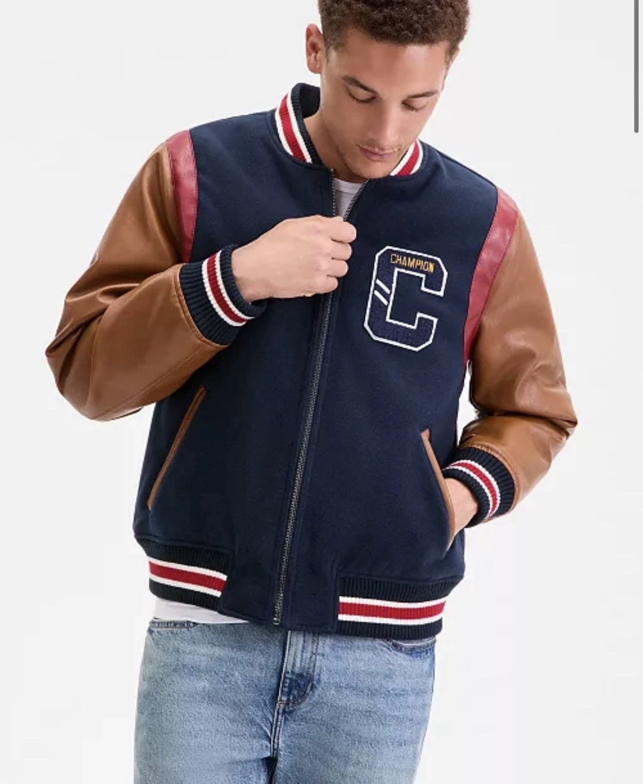Champion Men's Mixed Media Varsity Bomber Jacket Navy Brown (LARGE) CH5RP290 🐅 image 13