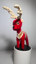 Vintage Christmas Reindeer Red Flocked Japan Posable 7" Tall Antlers 9 Tall