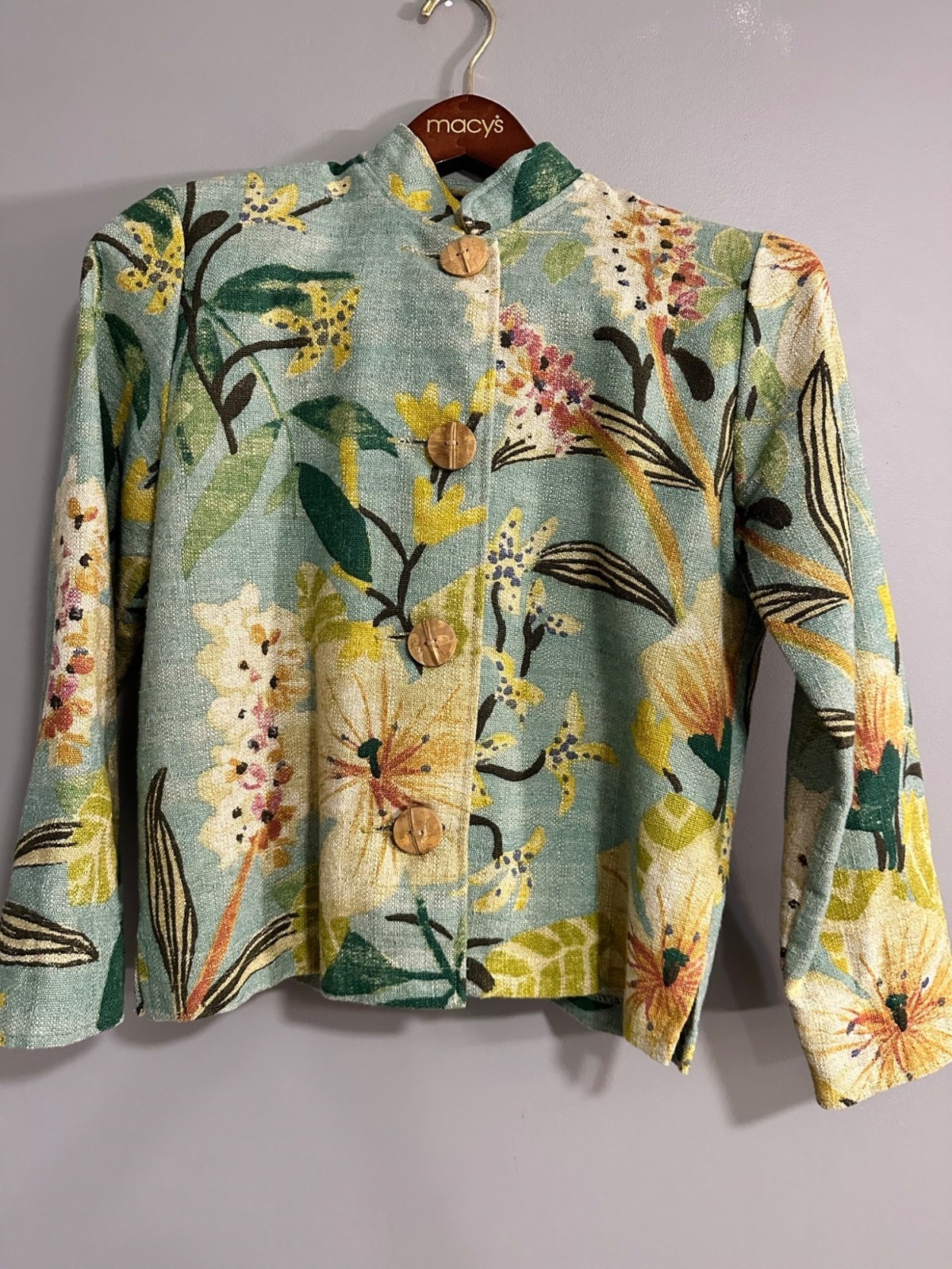 Giacca blazer abbottonata floreale vintage pony dipinta USA piccola