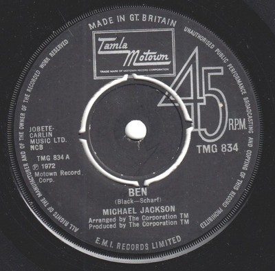 Michael Jackson Ben 7'' vinyl UK Tamla Motown 1972 4 prong label design TMG834