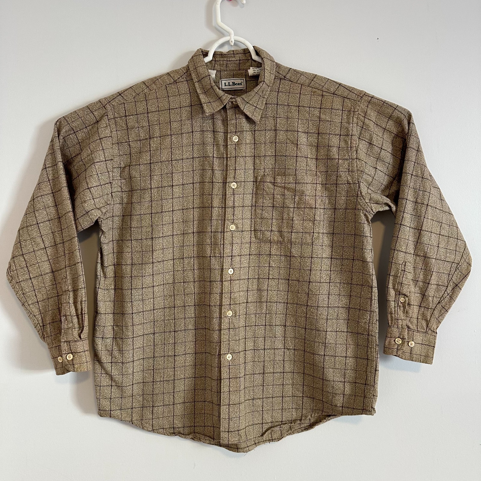 L.L.Bean Casual Button Down Mens Large Tan Plaid Vintage Flannel Shirt