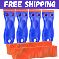Plastic Razor Blade Scraper 4 Pcs and 120 Pcs Blades, Remove Label Decal Tool.