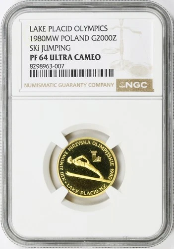 1980 MW Poland Gold 2000 Złotych NGC PF64 Ultra Cameo - Lake Placid Ski Jumping