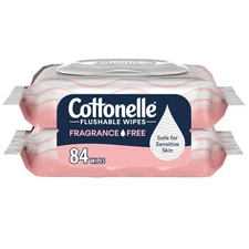Cottonelle Fragrance Free Flushable Wet Wipes, Adult Wet Wipes, 2 Flip-Top Packs