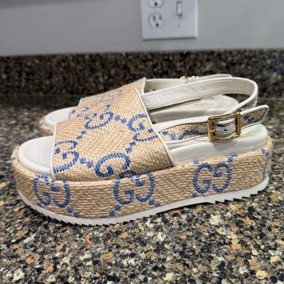 GUCCI Raffia/Leather Blue GG Logo Platform sandals Size EU38.5 - Image 1 of 4