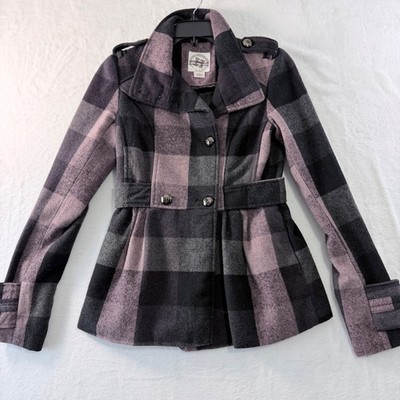 Hydraulic Plaid Pea Coat Belted Purple Grey Buffalo Check Button Front XS