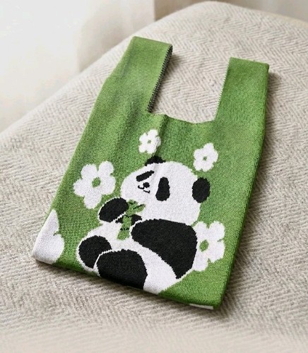 Cute Green Panda Knit Tote Bag Small Mini Handbag Adorable Animal Gift