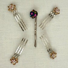 Rhinestone Flower Hair Jewelry Pins Set of 5 Multicolor Gold Floral Accessories