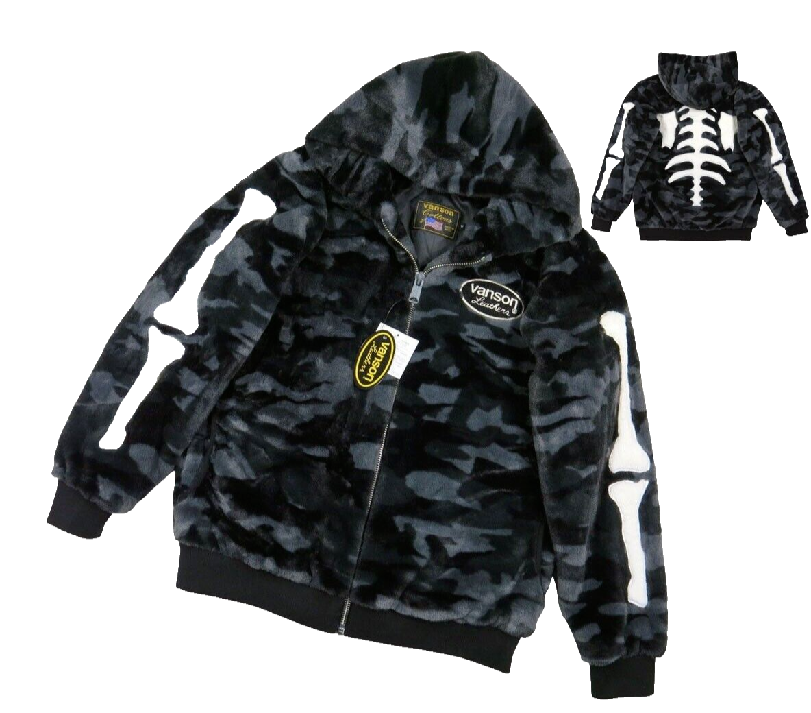 VANSON Human Bone Fake Fur Zip Up Hoodie Jacket 4 Size Black Camo