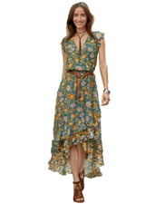 Sundance 'Everlane' ~ Green Floral Ruffle Faux Wrap Maxi Dress XS New $218