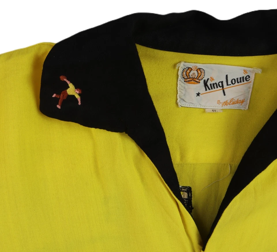 Camisa de boliche bordada amarilla mediana vintage años 50 KING LOUIE EE. UU. para hombre Foto 4 de 4