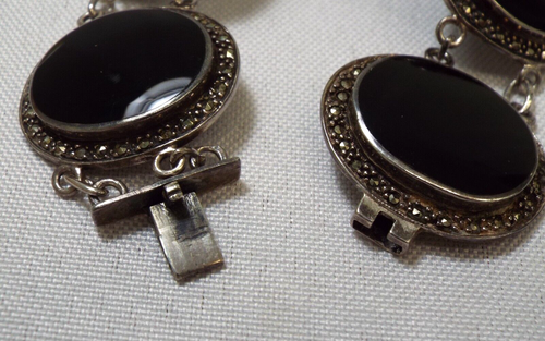 Vintage ART DECO Sterling Silver Black Onyx & Marcasite Link Bracelet 31g 1920s - Picture 15 of 19