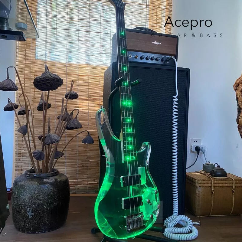 4 String LED Light Acrylic Electric Bass Guitar Green Color LEDs