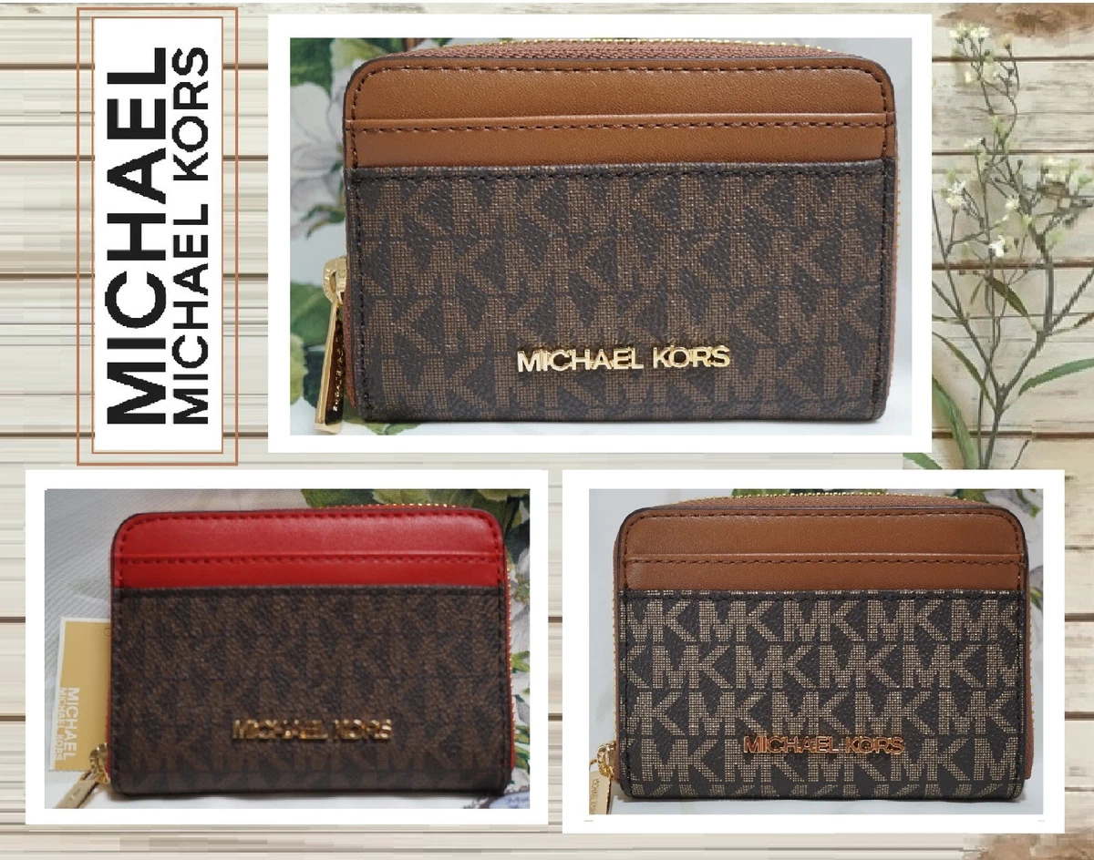 Michael Kors Jet Set Travel Zip Around Card Case Wallet Brown Mk Flame Red  