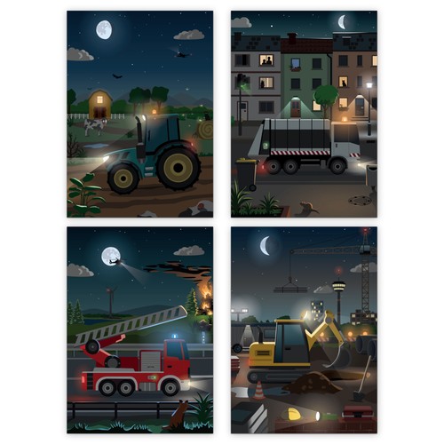 Wandbilder Kinder Fahrzeuge, Wendebilder Tag/Nacht 4 x DinA4 - Bild 4 von 5