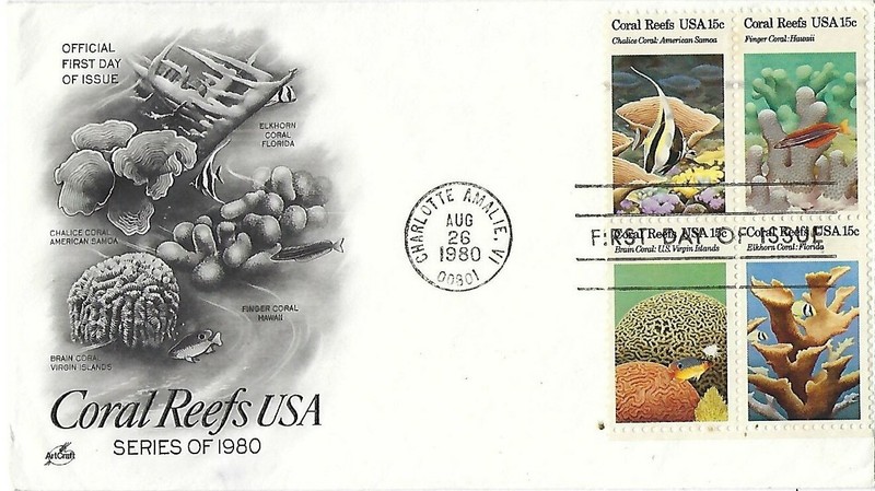 7 FDCs '80 Coral Reefs B4, 4 singles on Readers Digest, Wharton, SC# 1822 1832