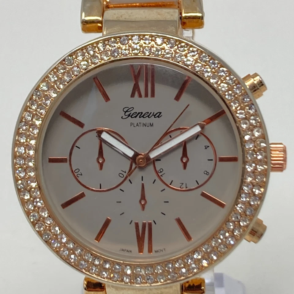 Reloj Geneva Mujer Tono Oro Rosa Gris 39mm Bling Bisel Pavé Batería Nueva 7" Foto 2 de 4