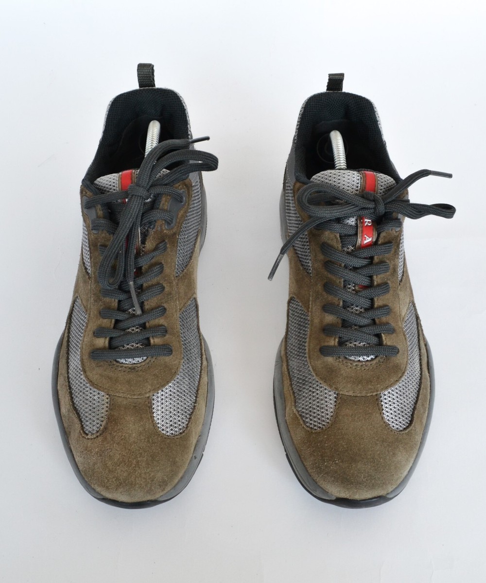 PRADA Sneakers Americas Cup Shoes Grey Brown Suede Red Tab Size 39