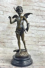 Semi Nude Cupid Winged Angel Boy Art Deco Bronze Sculpture on Marble Base Moreau