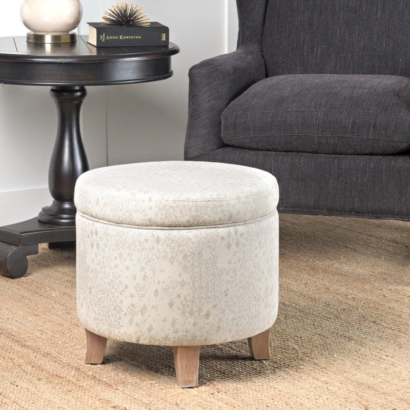 Round Storage Ottoman Flared Wood Leg Cotton Upholstered Living Room Bedroom New - Image 3 of 4