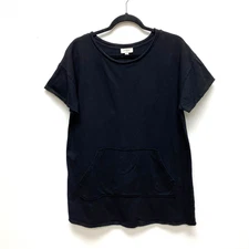 Umgee Womens Black Short Sleeve Kangaroo Pocket Raw Neck Oversized Tunic Top M